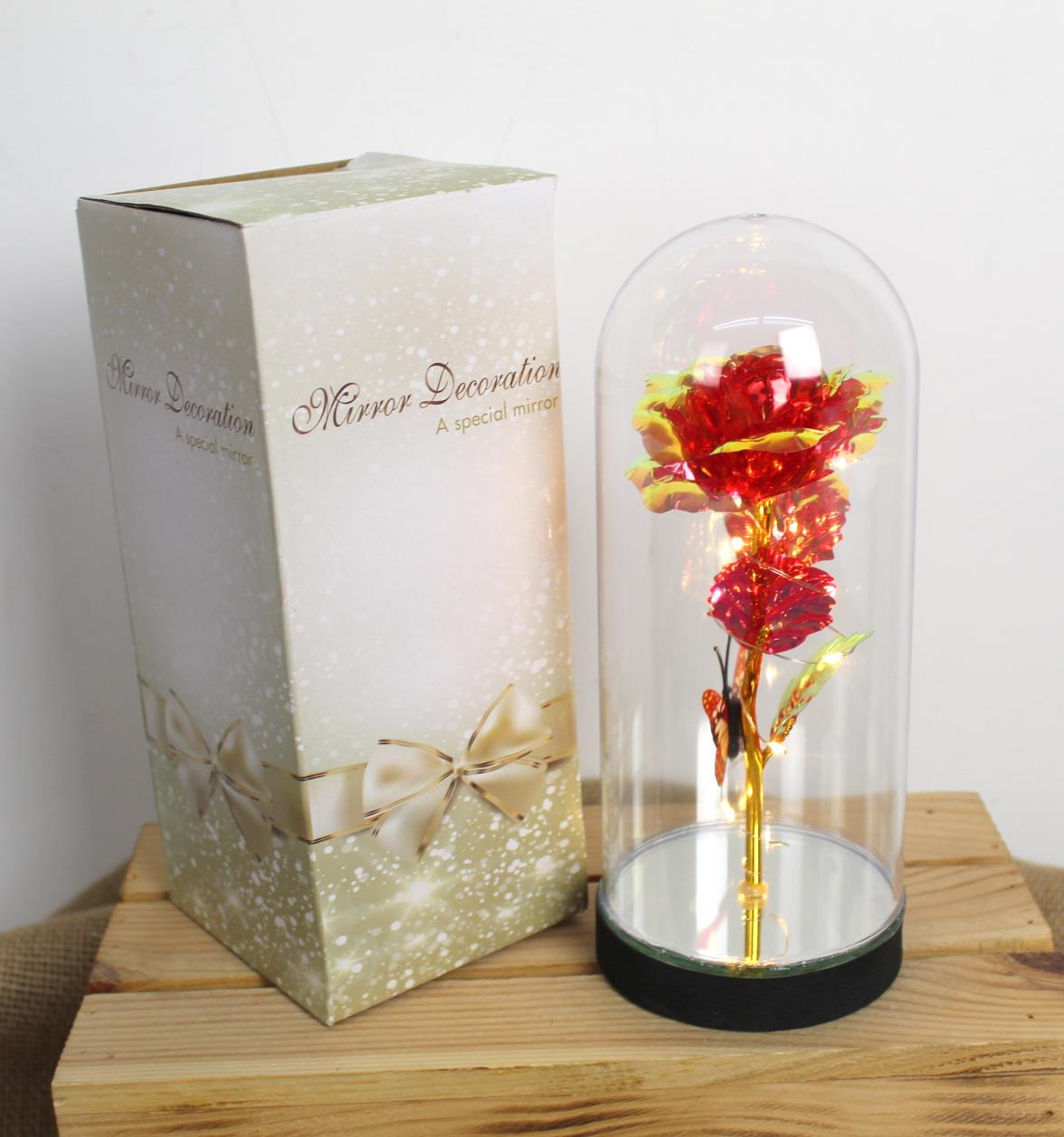 Wieczna RÓŻA LED czerwono-złota na podstawku z lusterkiem i motylem 21,5x9 cm  VAH-2402