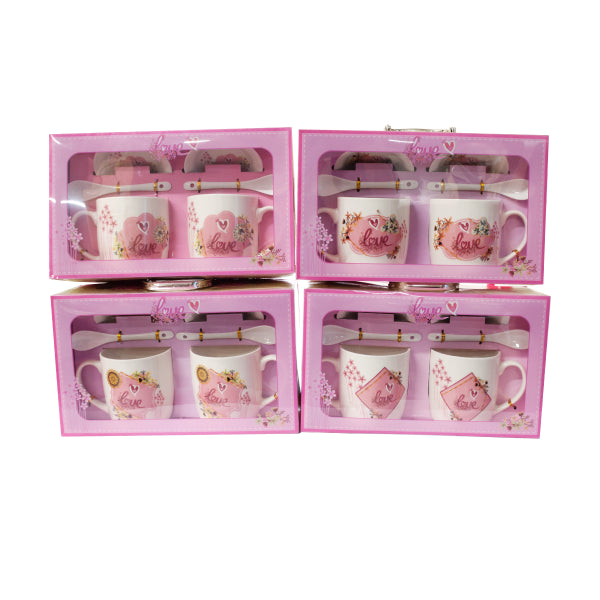 kpl 2 kubków ceramicznych ze spodkami i łyżeczkami LOVE  mix wzorów 2 x  300 ml