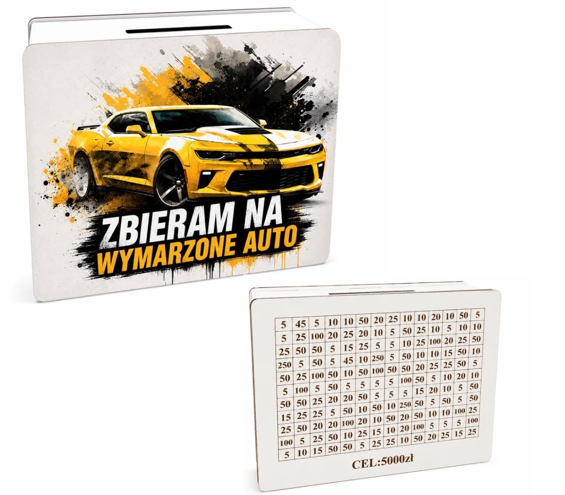 skarbonka wykreślanka ZBIERAM NA WYMARZONE AUTO