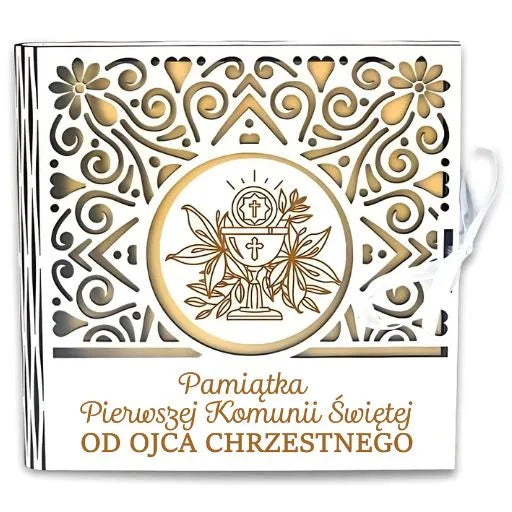 pudełko na pieniądze kwadrat KOMUNIA – od OJCA CHRZESTNEGO – Ażur 3308A-KOM1Z-OC