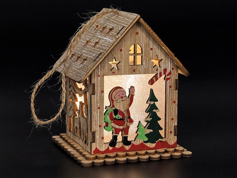 lampka led domek z Mikołajem, drewniany,11x9x9cm
