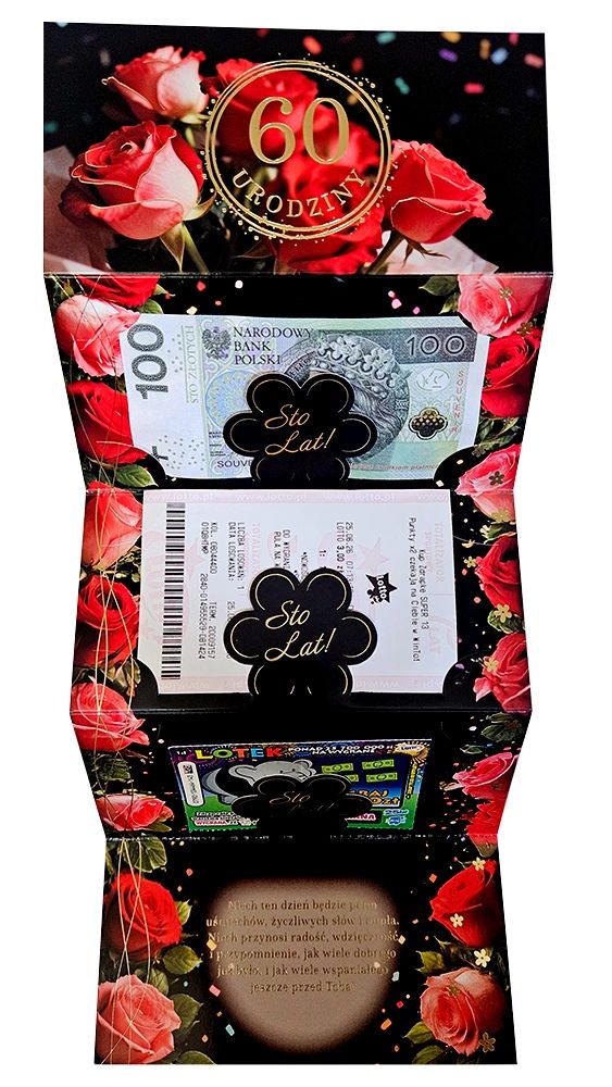 kartka na 60 urodziny - list z miejscem na 3 banknoty C RU-024