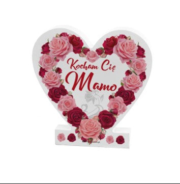 Drewniana tabliczka serce z podstawką wzbogacona lakierem UV z napisem "Kocham Cię Mamo" 14.8x15x1,5 cm