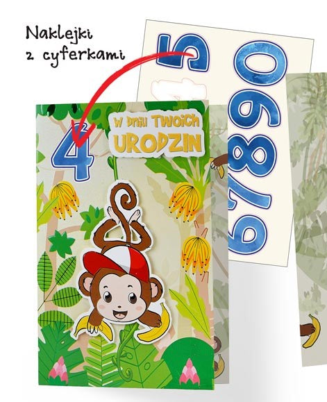 karnet  Urodziny dziecięce wymienne cyferki, małpka | DKP-047