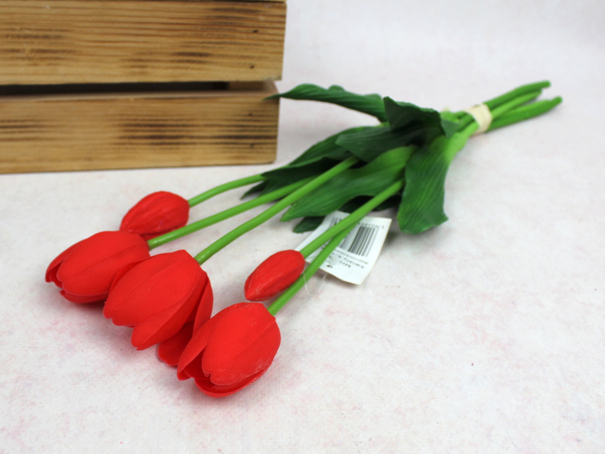bukiet pęczek TULIPAN gumowy wys. 46 cm, 5 łodyg (3 kwiaty 5 x 4 cm + pąki) CZERWONY MH-137D