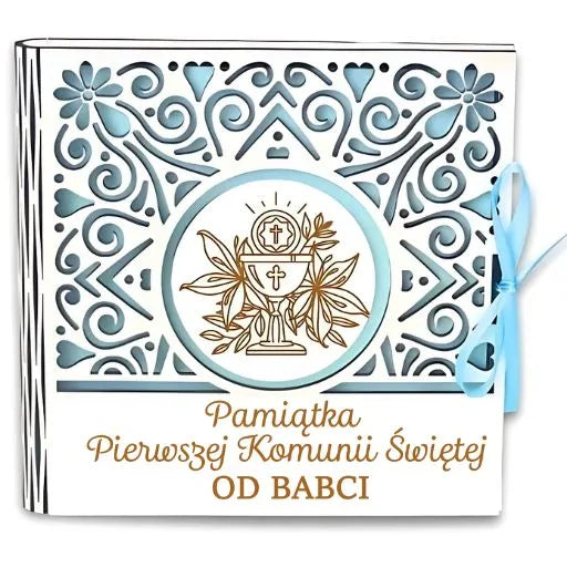 pudełko na pieniądze kwadrat KOMUNIA – od BABCI – Ażur 3308A-KOM1N-B