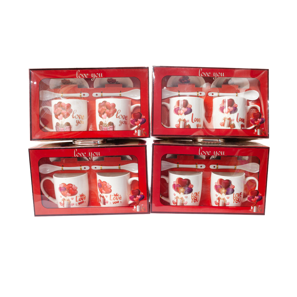Kpl 2 kubków ceramicznych ze spodkami i łyżeczkami LOVE , mix wzorów. 2X 300 ml   WAL0158