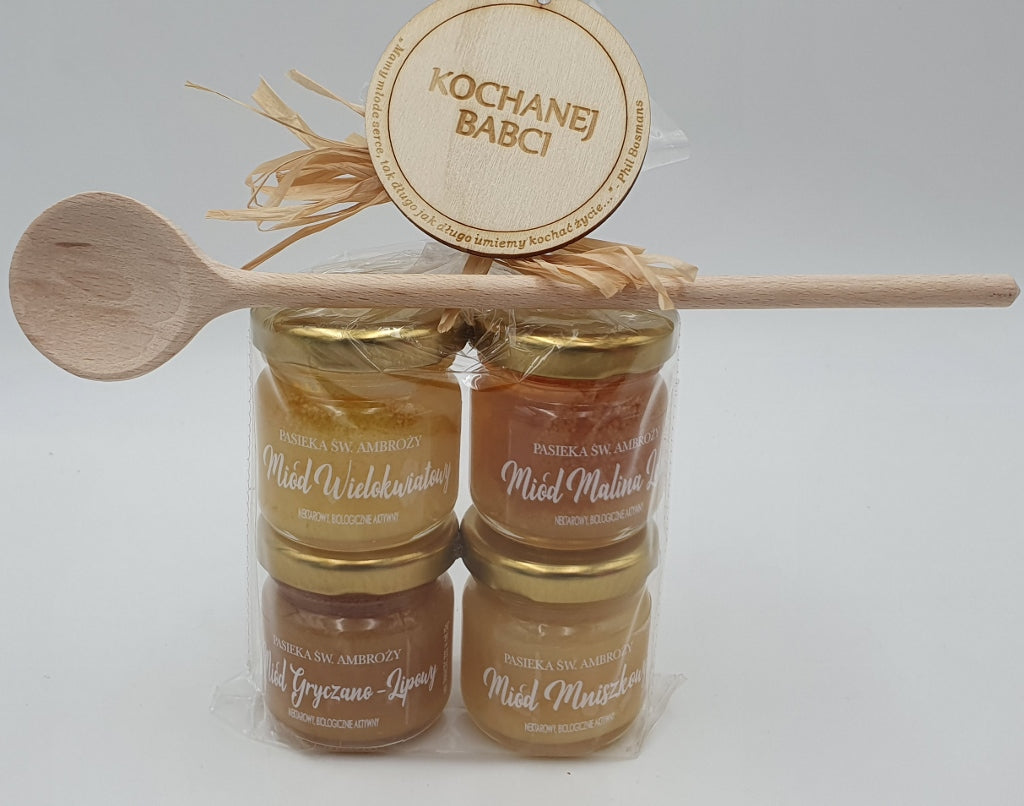 zestaw dla babci - 3 miody+łyżka+tabliczka