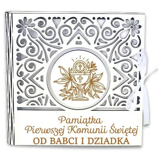 pudełko na pieniądze kwadrat KOMUNIA- od BABCI i DZIADKA- Ażur 3308A-KOM1B-BD