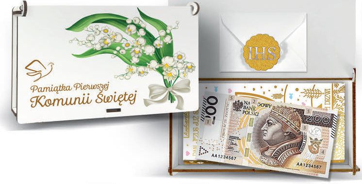 pudełko na pieniądze i czekoladę 10 x 19cm KOMUNIA ŚW KONWALIE