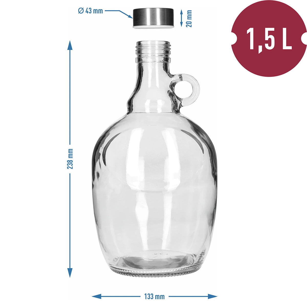 gąsior dama 1,5 L, z metalową zakrętką fi 43 mm i uchwytem 640004
