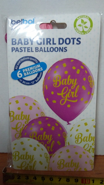 balony 6szt.  BABY GIRL DOTS 12' | 42-28