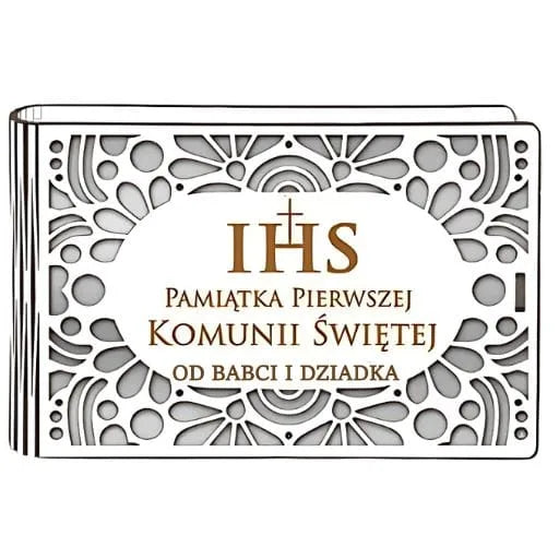 pudełko na pieniądze banknotówka KOMUNIA – od BABCI i DZIADKA – Ażur 3302A-KOM3B-BD