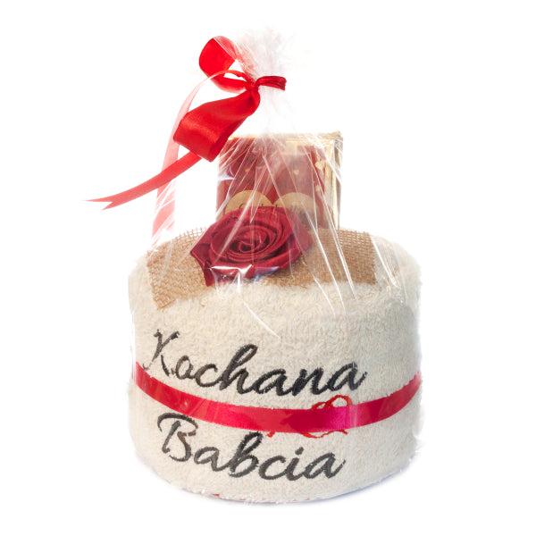 ręcznik ecru z haftem "Kochana Babcia" + słodycze