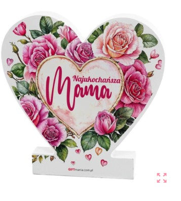Drewniana tabliczka serce z podstawką wzbogacona lakierem UV z napisem "Najukochańsza Mama" 14.8x15x1,5 cm